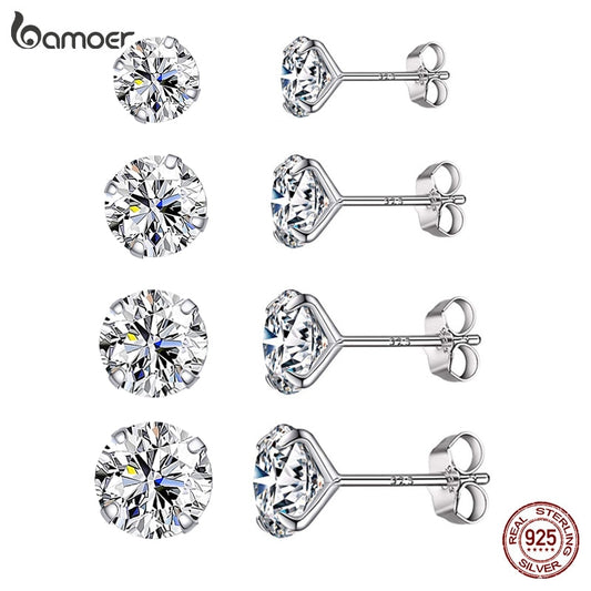 bamoer HOT SALE Basic Wedding Stud Earrings Solid Silver 925 Clear Cubic Zirconia Women Statement Earrings BSE166