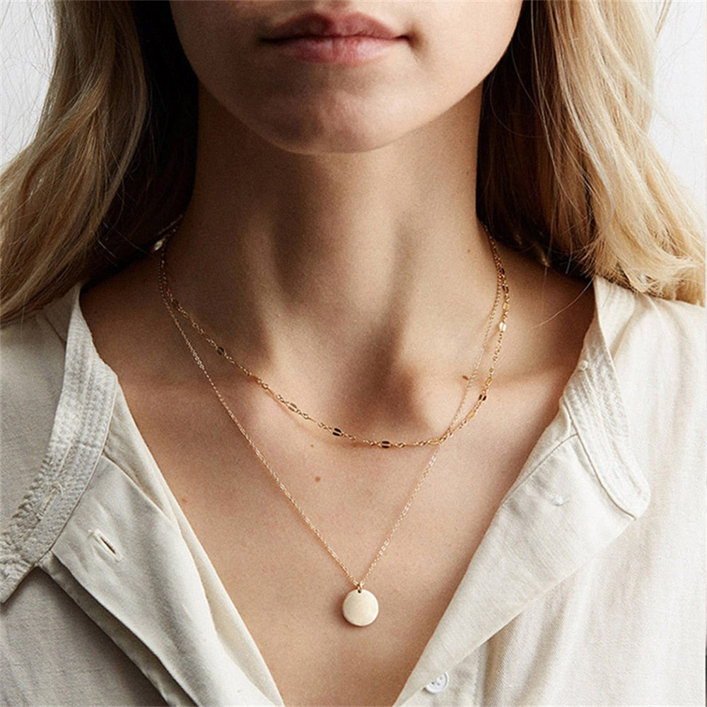 Fashion Multilevel Gold Simple Geometric Rectangle Round Sequin Pendant Necklace For Women Female Chain Collar Jewely Gift
