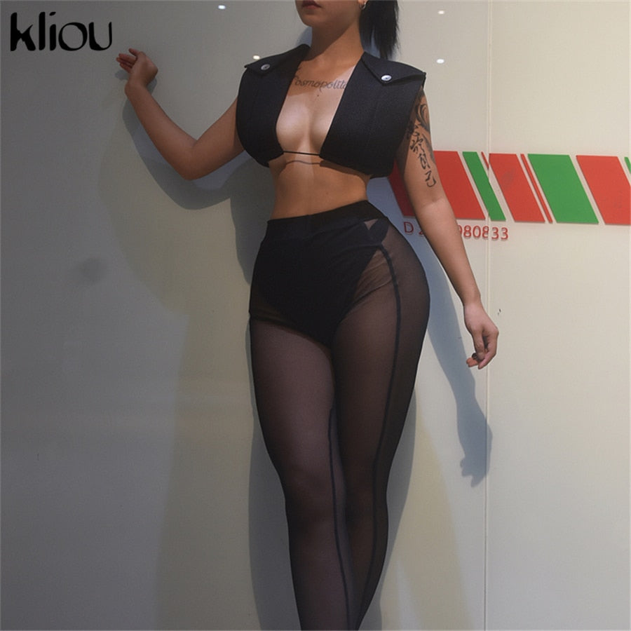 Kliou Sexy Mesh Two Piece Set Women Unique Design Oversize Sheath Cleavage Sleeveless Top+SeeThrough Stretchy Hot Female Pants