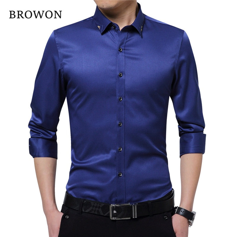 BROWON Brand Silky Formal Shirt Men Classic Business Long Sleeve Solid Color Embroidery Collar Slim Fit Shirt Brand-clothing