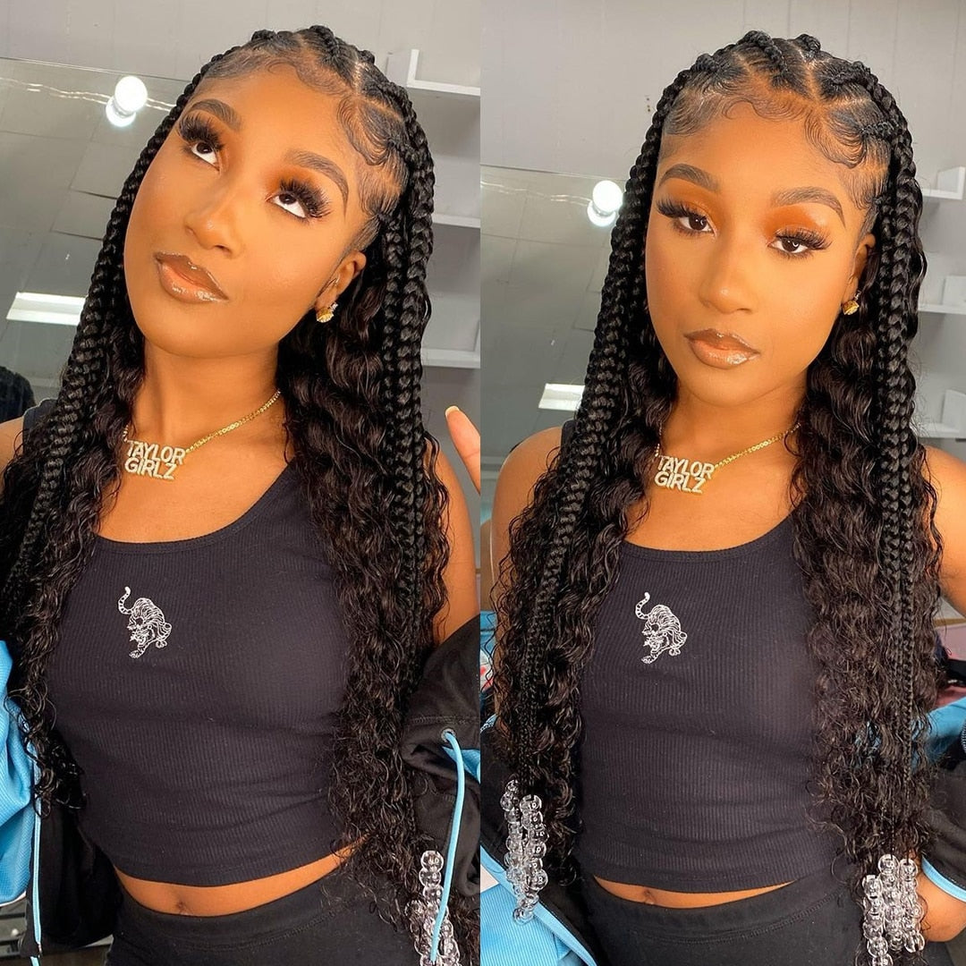 Goddess Braids 13x4 Deep Wave Lace Frontal Wig Braided Half Up Half Down Human Hair Lace Front Wig for Black Women 180 Density