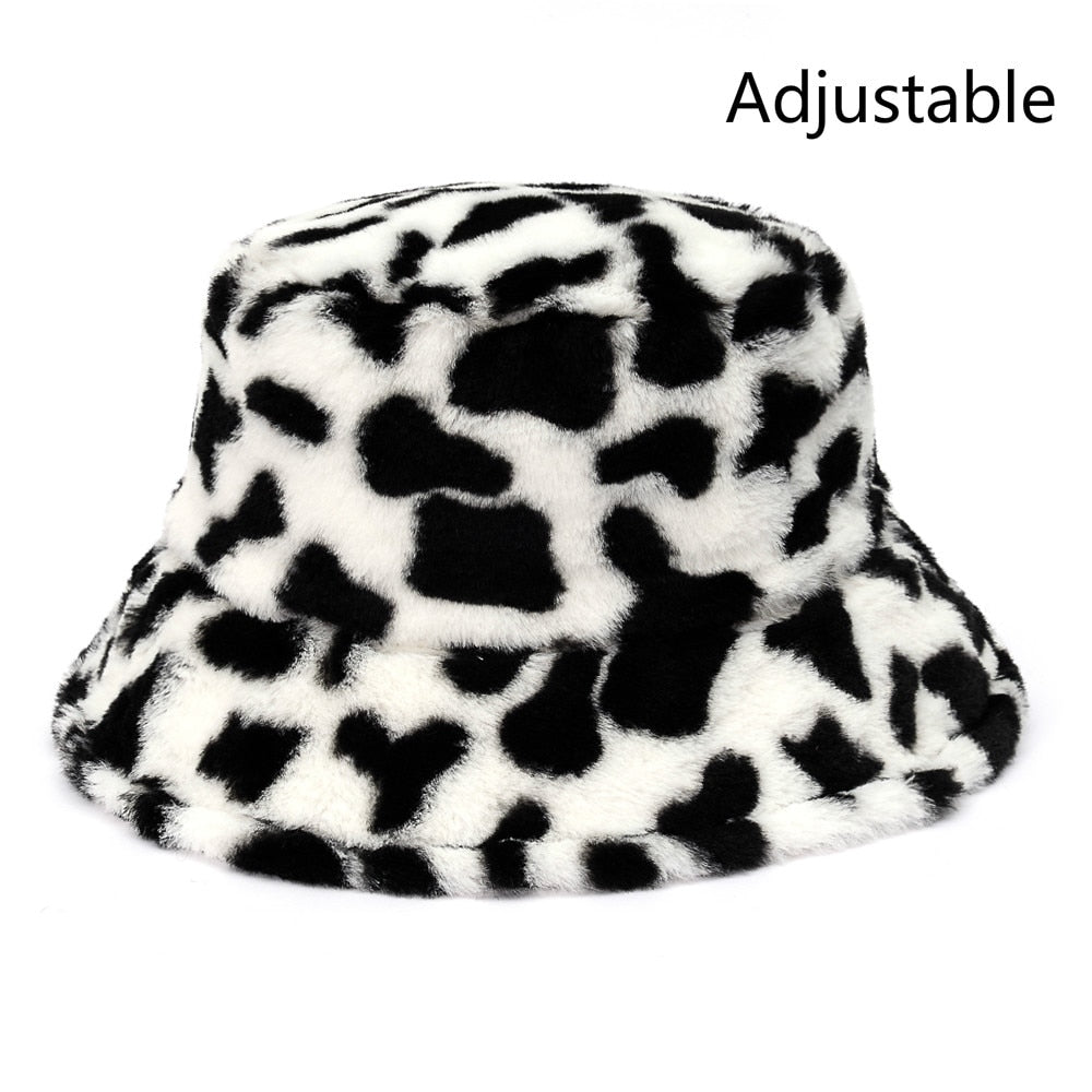 Winter Cow Leopard Faux Fur Fluffy Bucket Hats Women Outdoor Warm Sun Hat Soft Velvet Furry Fisherman Cap Girl Fashion Panama