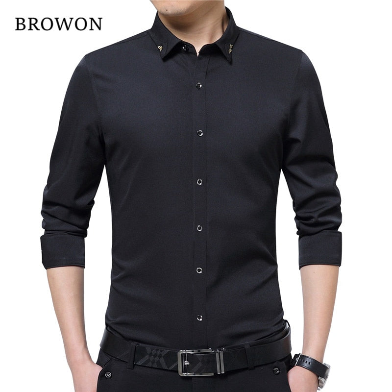 BROWON Brand Silky Formal Shirt Men Classic Business Long Sleeve Solid Color Embroidery Collar Slim Fit Shirt Brand-clothing