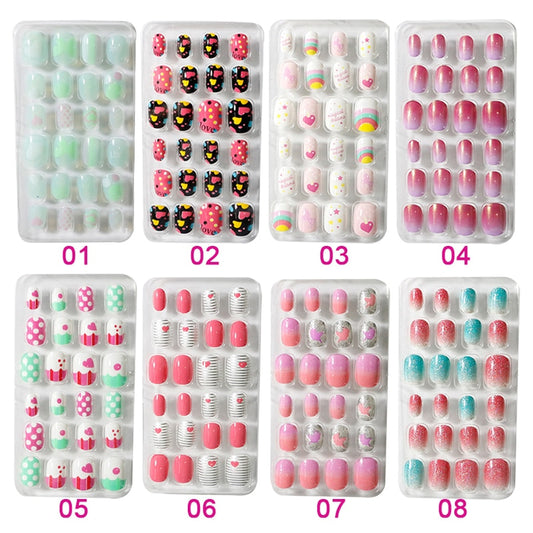 24PCS/Lot Cartoon Candy False Nail Tips For Kids Press On Full Cover Kid Glue On Fake Nails Art Girls Manicure Decorations T3005