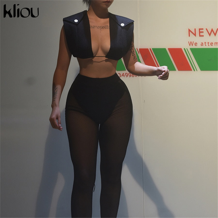 Kliou Sexy Mesh Two Piece Set Women Unique Design Oversize Sheath Cleavage Sleeveless Top+SeeThrough Stretchy Hot Female Pants