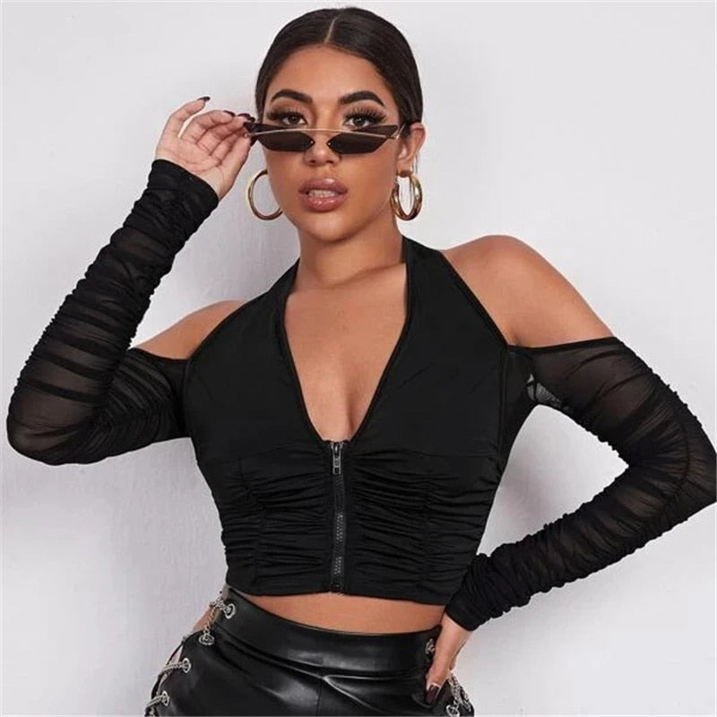 CHRONSTYLE 2021 Sexy V-neck Mesh T-shirt Tops Cropped Summer Women See Through Off Shoulder Long Sleeve Club Party Tee Shirts