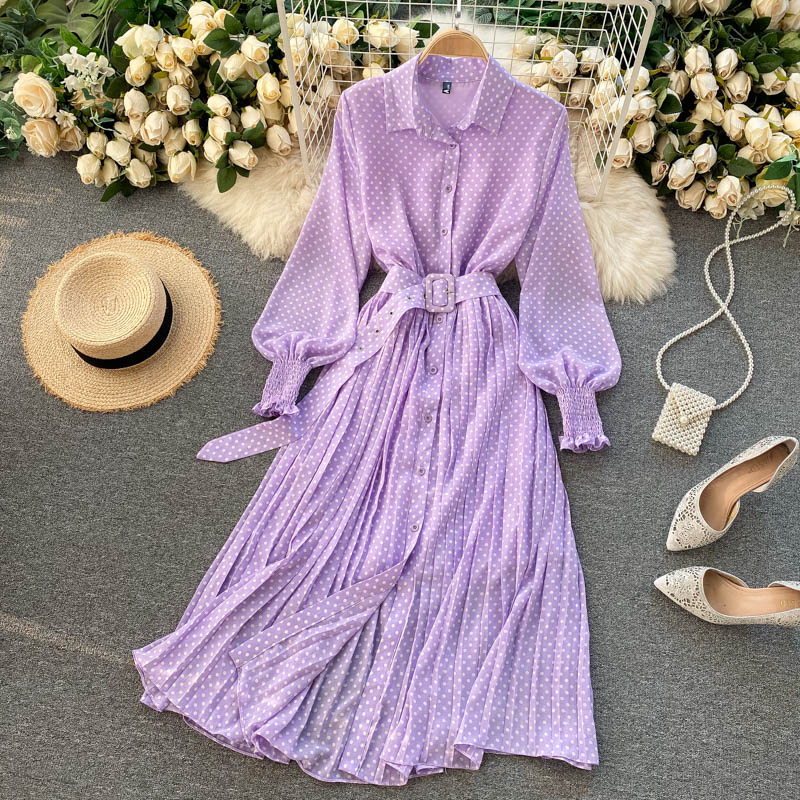 Spring And Summer French Vintage Maxi Dress 2021 Sundress Ladies Long Sleeve Orange Polka Dot Chiffon Pleated Dresses Femme Robe