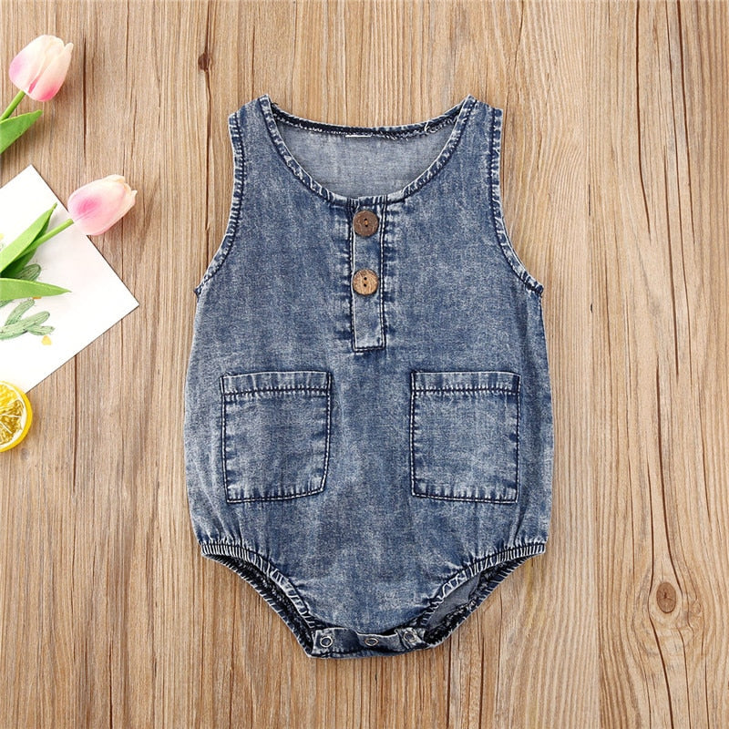 Baby Summer Denim Rompers Toddler Newborn Baby Boys Girls Sleeveless Button Pocket Rompers Jumpsuits Casual Clothes Outfits