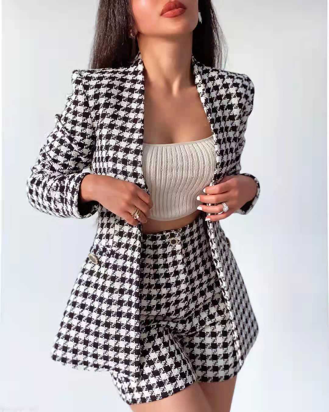 xikom 2021 Tweed Two pieces set Women Vintage V Neck Long Sleeve Office Lady slim Blazer Coat Female Hight Waist Shorts suit