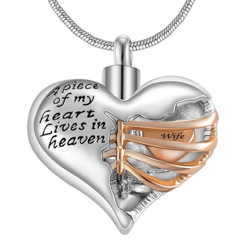 A piece of my heart lives in heaven Two Tone Locket Heart cremation memorial ashes urn necklace jewelry keepsake pendant