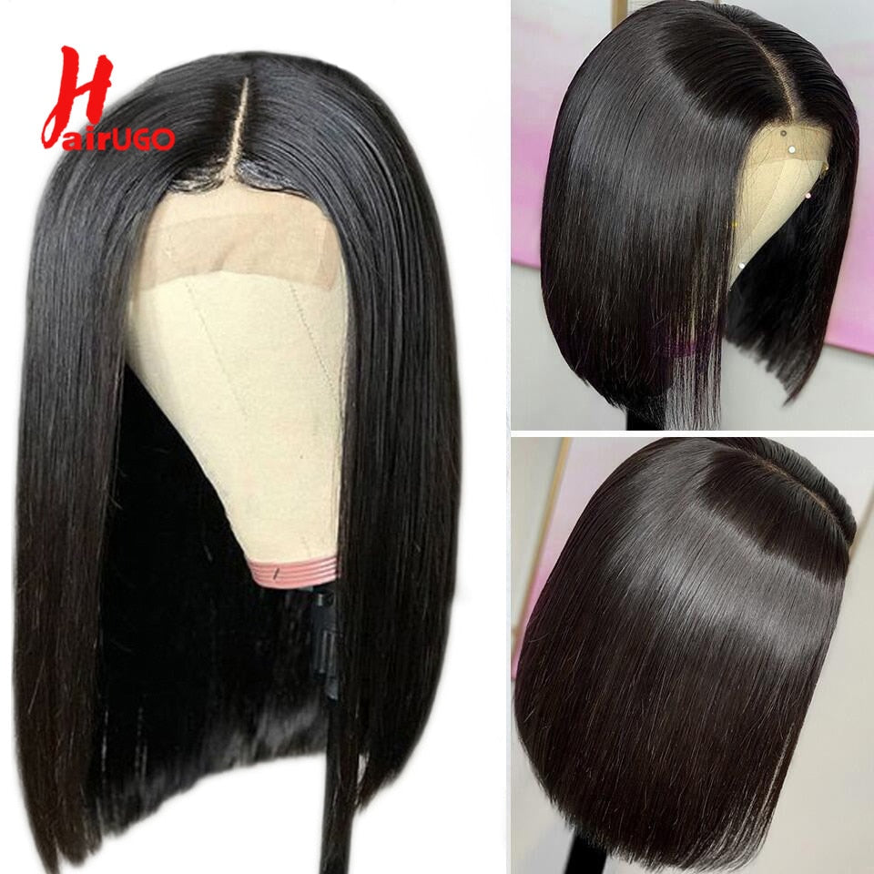 HairUGo 13*4 Lace Front Human Hair Wigs 4x4 Lace Closure Wig Pre Plucked Brazilian Remy Straight Bob Wigs Lace Frontal For Women