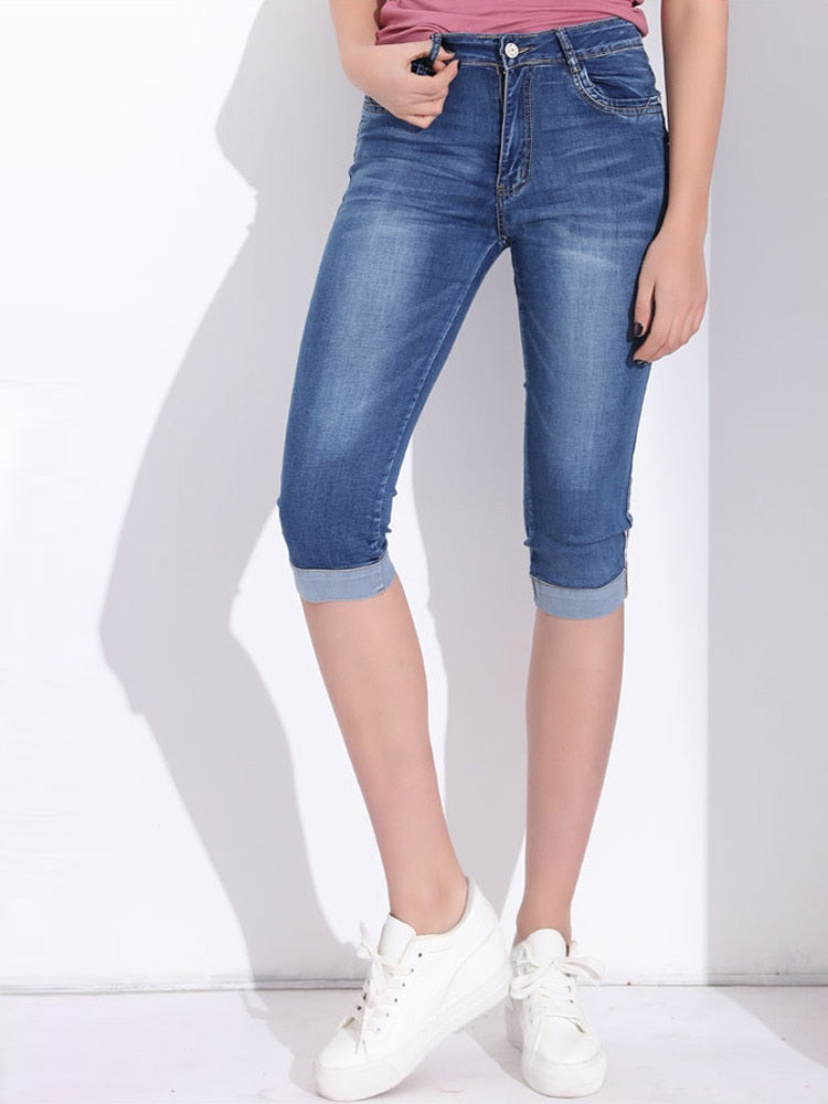 GAREMAY Plus Size Skinny Capris Jeans Woman Female Stretch Knee Length Denim Shorts Pants Women With High Waist Summer