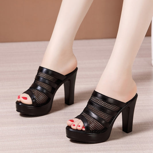 Plus Size 32-43 Block Heel Platform Shoes Women Slippers Summer 2022 Open Head High Heels Slides Ladies Cutout Slippers