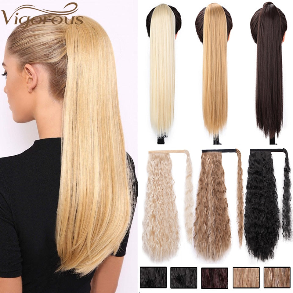 Synthetic Corn Wavy Long Ponytail Synthetic Hairpiece Wrap on Clip Hair Extensions Ombre Brown Pony Tail Blonde Fack Hair