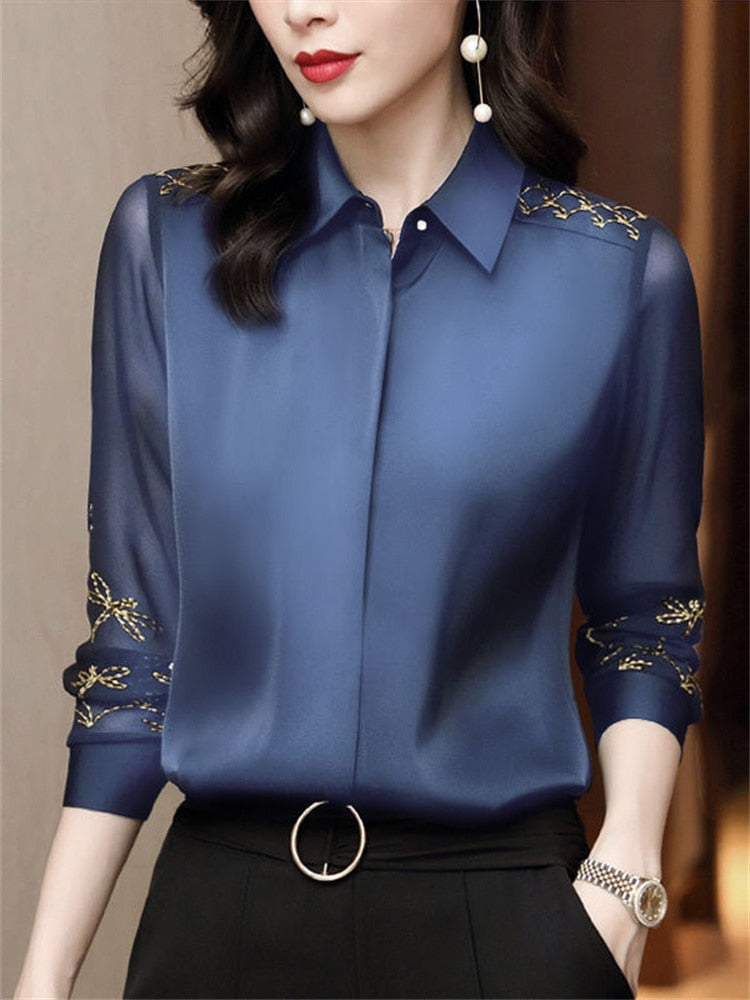 Women Spring Autumn Style Chiffon Blouses Shirts Lady Embroidery Long Sleeve Turn-down Collar Lace Decor Blusas Tops DF0004