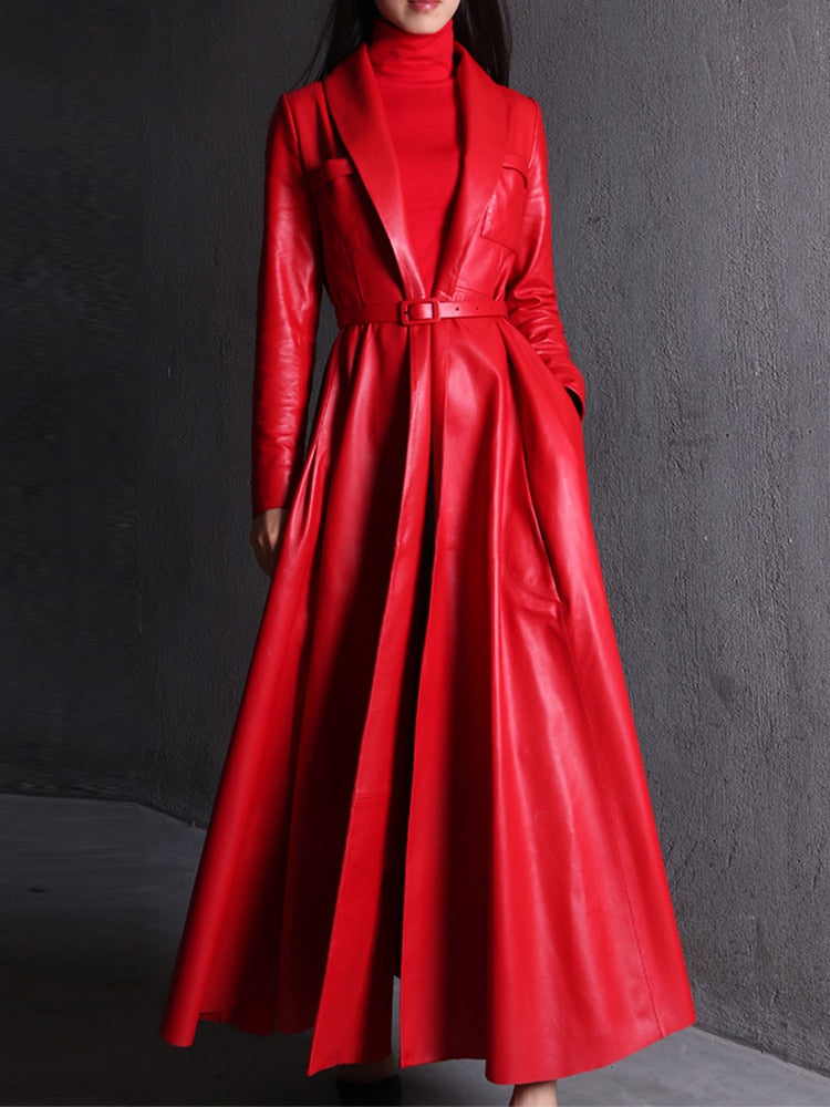 Nerazzurri High Quality Red Black Maxi Leather Trench Coat for Women Extra Long Skirted Elegant Overcoat Plus Size Fashion 7xl