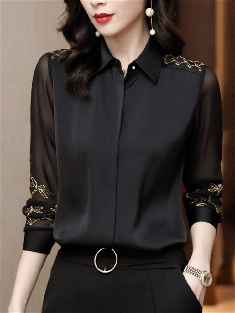 Women Spring Autumn Style Chiffon Blouses Shirts Lady Embroidery Long Sleeve Turn-down Collar Lace Decor Blusas Tops DF0004