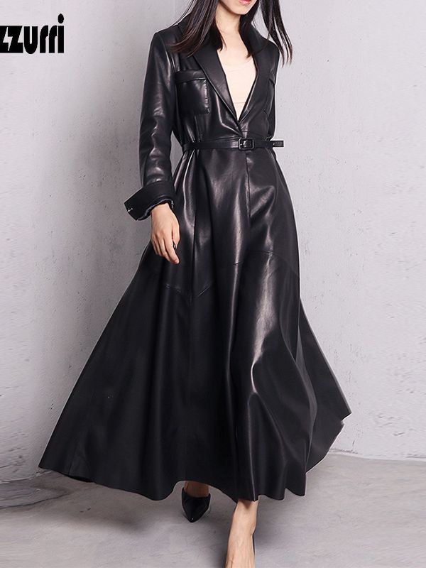 Nerazzurri High Quality Red Black Maxi Leather Trench Coat for Women Extra Long Skirted Elegant Overcoat Plus Size Fashion 7xl