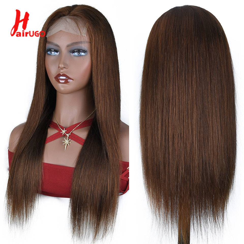 HairUGo Brazilian Straight #4 Blonde 4x4 Lace Closure Wig Remy Ombre T Part Lace Wigs #27 Colored Human Hair Wig  150% Density