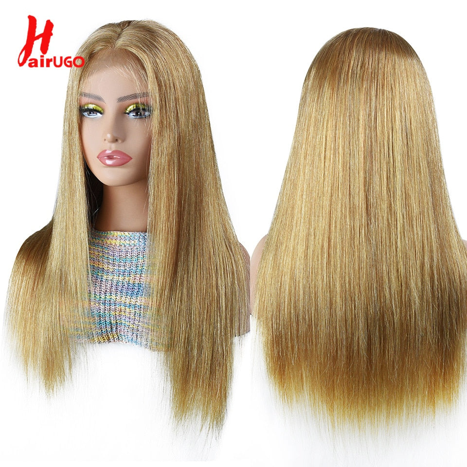 HairUGo Brazilian Straight #4 Blonde 4x4 Lace Closure Wig Remy Ombre T Part Lace Wigs #27 Colored Human Hair Wig  150% Density