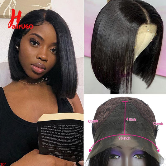 HairUGo 13*4 Lace Front Human Hair Wigs 4x4 Lace Closure Wig Pre Plucked Brazilian Remy Straight Bob Wigs Lace Frontal For Women