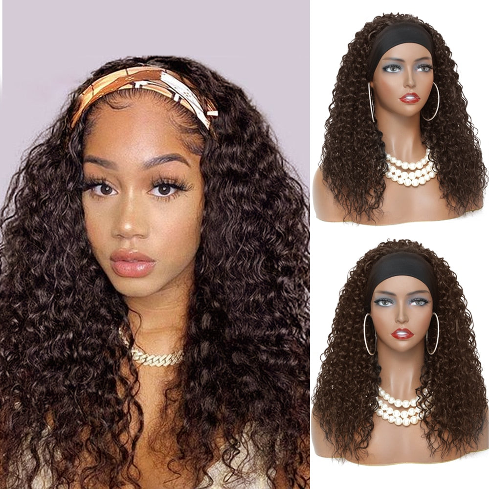 Kinky Curly Headband Wigs Long Jerry Curly Afro Synthetic Wig with Headband Ombre Black Brown Hair Glueless Wig For Women Soku