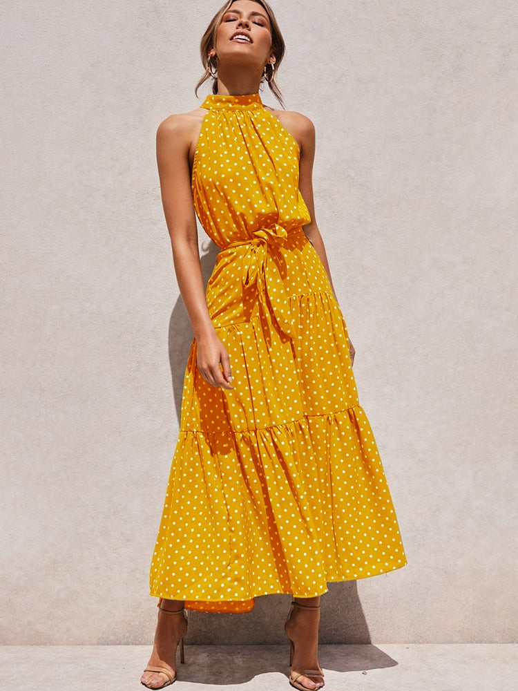 Summer Long Dress Polka Dot Casual Dresses Black Sexy Halter Strapless New 2022 Yellow Sundress Vacation Clothes For Women