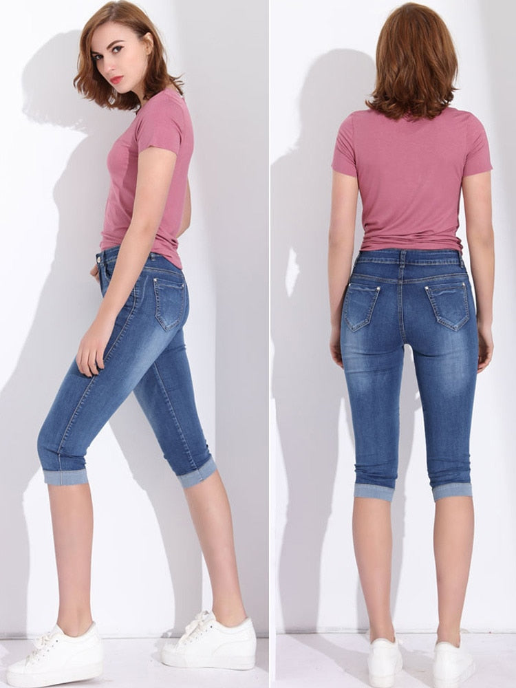 GAREMAY Plus Size Skinny Capris Jeans Woman Female Stretch Knee Length Denim Shorts Pants Women With High Waist Summer