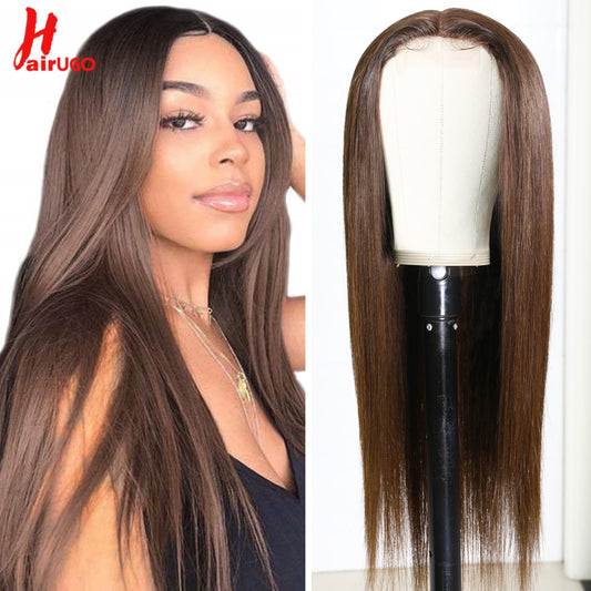 HairUGo Brazilian Straight #4 Blonde 4x4 Lace Closure Wig Remy Ombre T Part Lace Wigs #27 Colored Human Hair Wig  150% Density