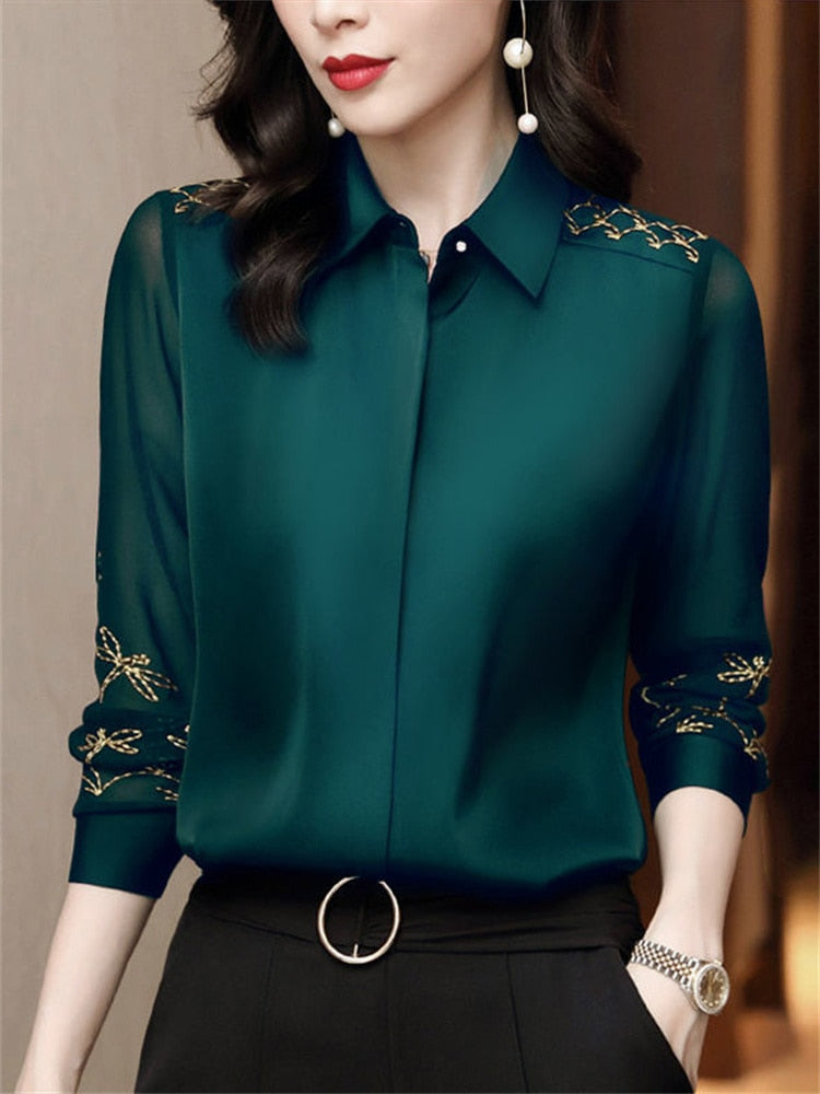 Women Spring Autumn Style Chiffon Blouses Shirts Lady Embroidery Long Sleeve Turn-down Collar Lace Decor Blusas Tops DF0004