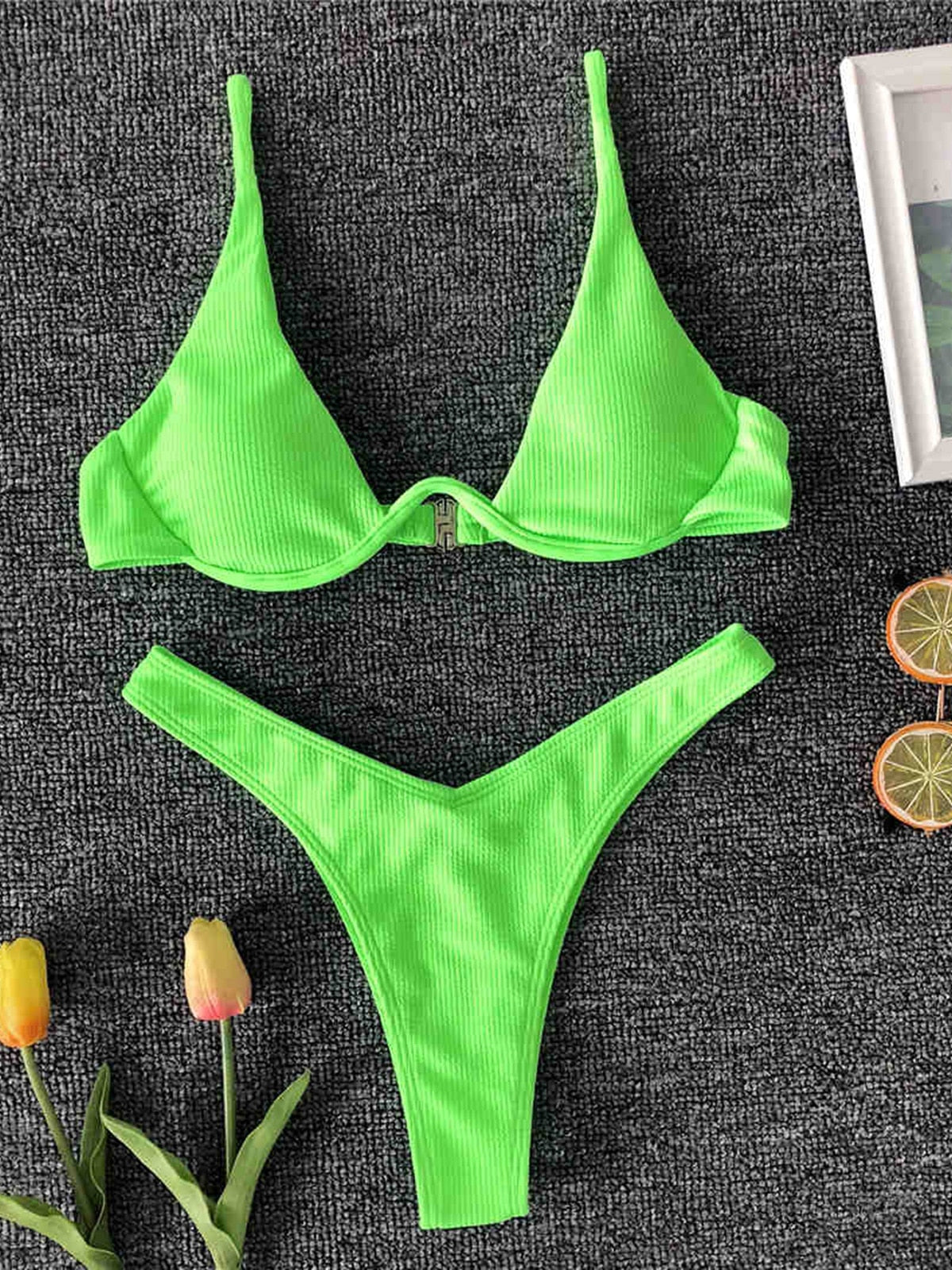 Sexy V-bar Underwired Bikini Female Swimsuit Women Swimwear Two-piece Bikini set V shape Wire Bather Ribbed Bathing Suit V1571