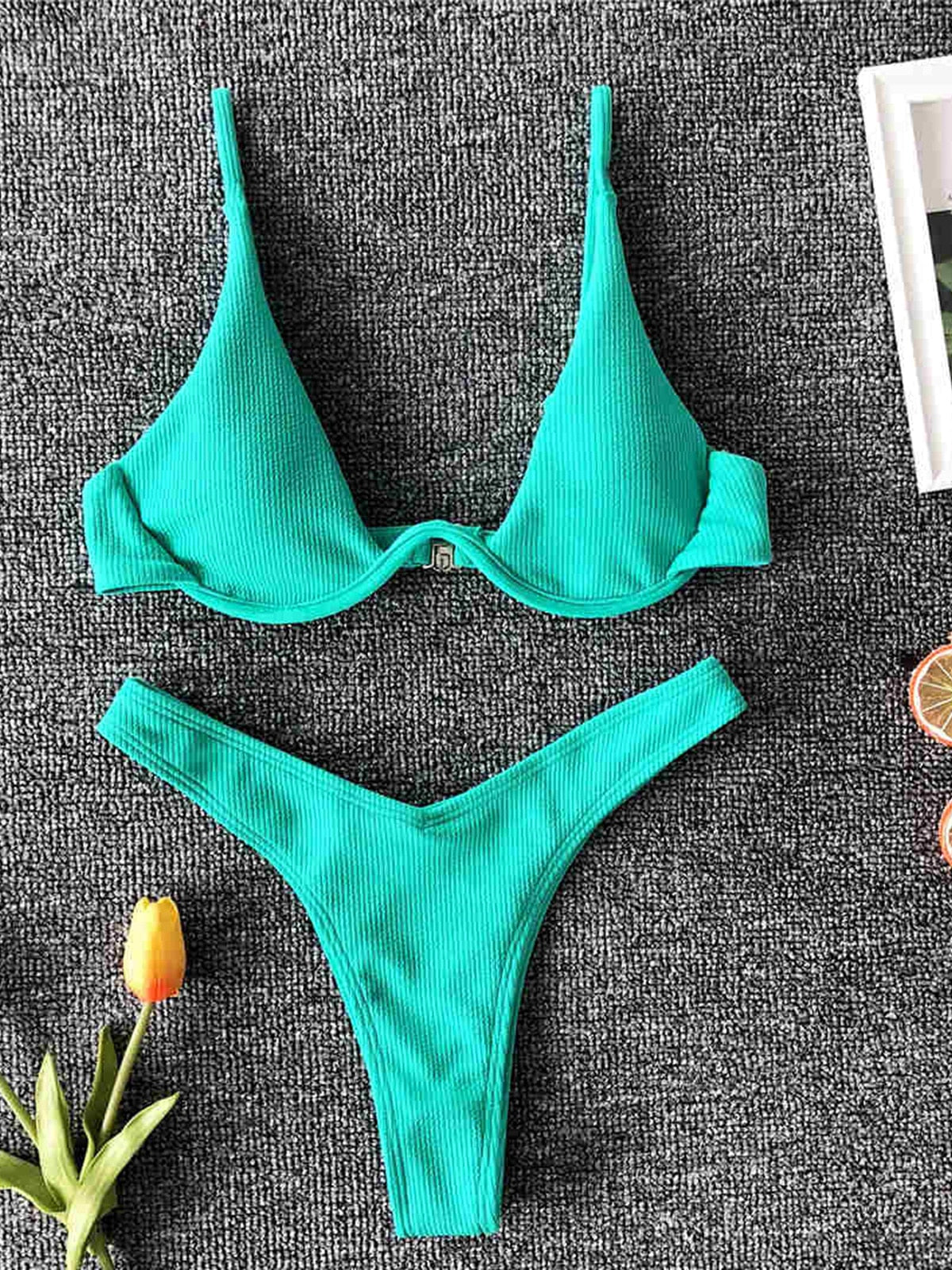 Sexy V-bar Underwired Bikini Female Swimsuit Women Swimwear Two-piece Bikini set V shape Wire Bather Ribbed Bathing Suit V1571