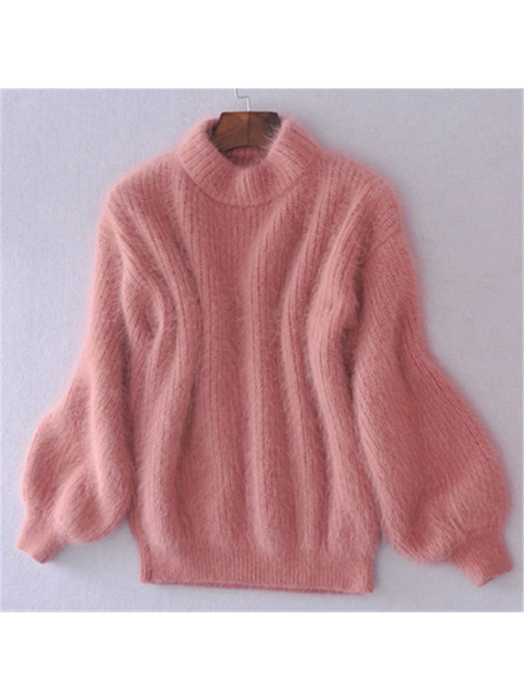White Mohair Thicken Turtleneck Sweater Autumn Winter Sweet Fashion Lantern Sleeve Casual Solid Color Pullover pull femme