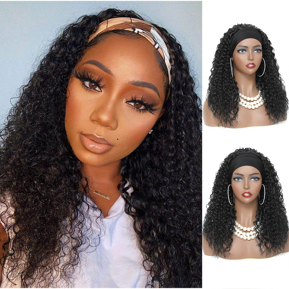 Kinky Curly Headband Wigs Long Jerry Curly Afro Synthetic Wig with Headband Ombre Black Brown Hair Glueless Wig For Women Soku