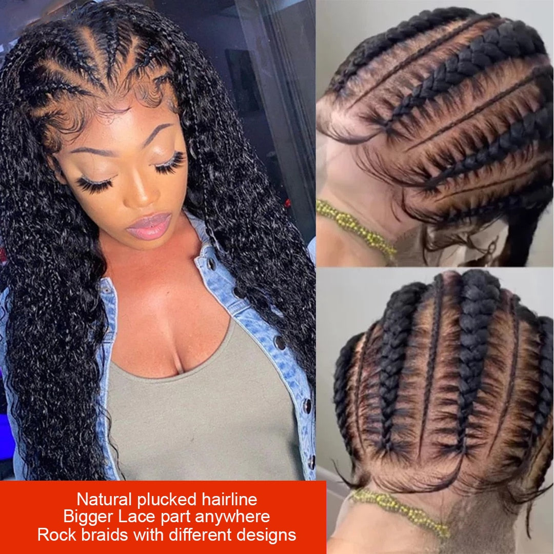 Goddess Braids 13x4 Deep Wave Lace Frontal Wig Braided Half Up Half Down Human Hair Lace Front Wig for Black Women 180 Density