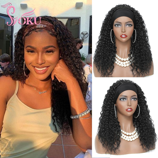 Kinky Curly Headband Wigs Long Jerry Curly Afro Synthetic Wig with Headband Ombre Black Brown Hair Glueless Wig For Women Soku