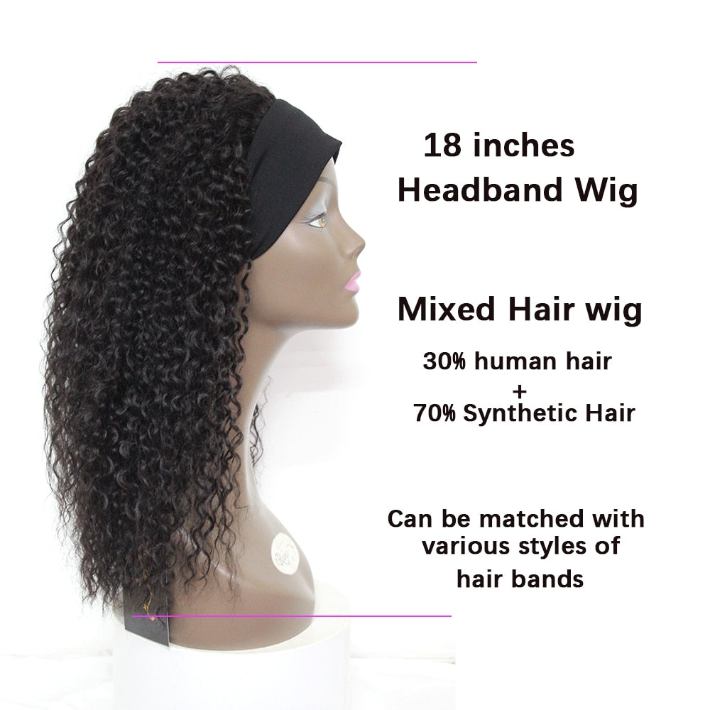 Kinky Curly Headband Wigs Long Jerry Curly Afro Synthetic Wig with Headband Ombre Black Brown Hair Glueless Wig For Women Soku