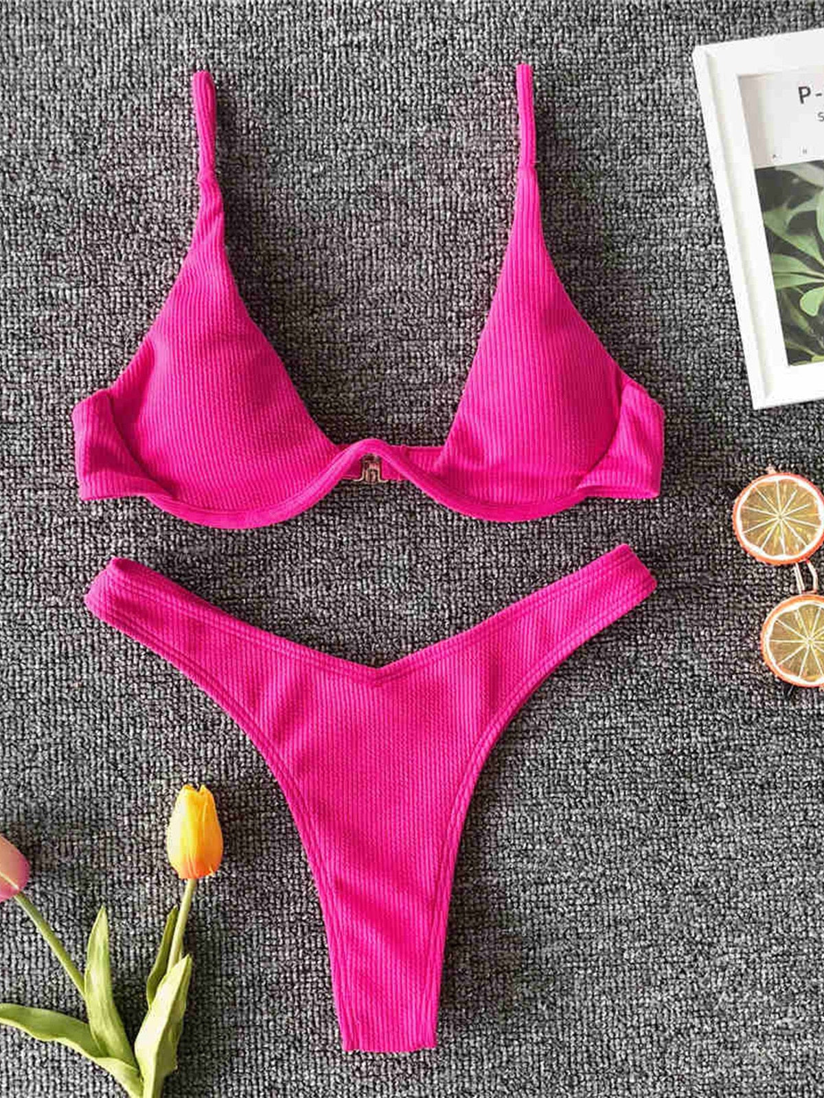 Sexy V-bar Underwired Bikini Female Swimsuit Women Swimwear Two-piece Bikini set V shape Wire Bather Ribbed Bathing Suit V1571