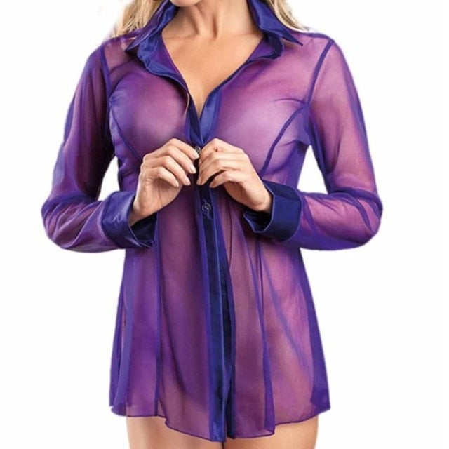 Women Button Lingerie Dress Transparent Clubwear Stripper Long Sleeve Blouse New