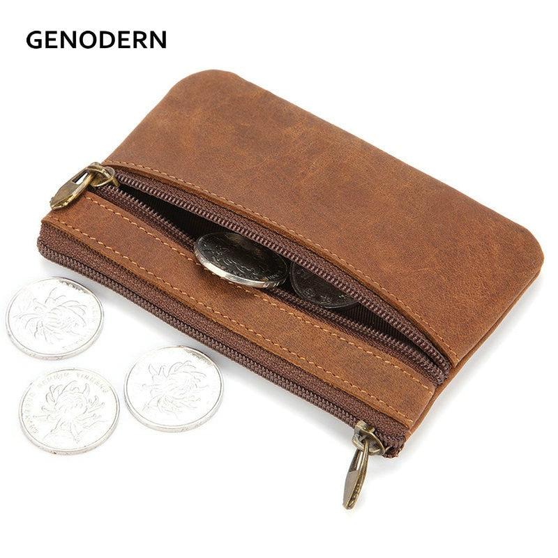 GENODERN Vintage Crazy Horse Leather Men&#39;s Coin Purse Genuine Leather Zipper Coin Wallet Retro Key Holder Small Money Bag