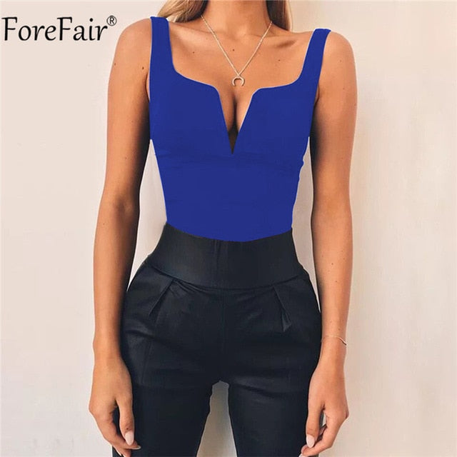 Forefair V Neck Sleeveless Sexy Bodysuit Women Summer Romper White Black Backless Bodysuit Body Top