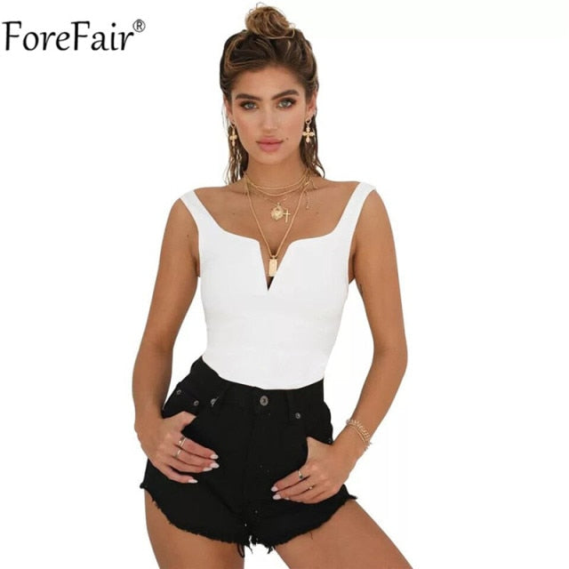 Forefair V Neck Sleeveless Sexy Bodysuit Women Summer Romper White Black Backless Bodysuit Body Top