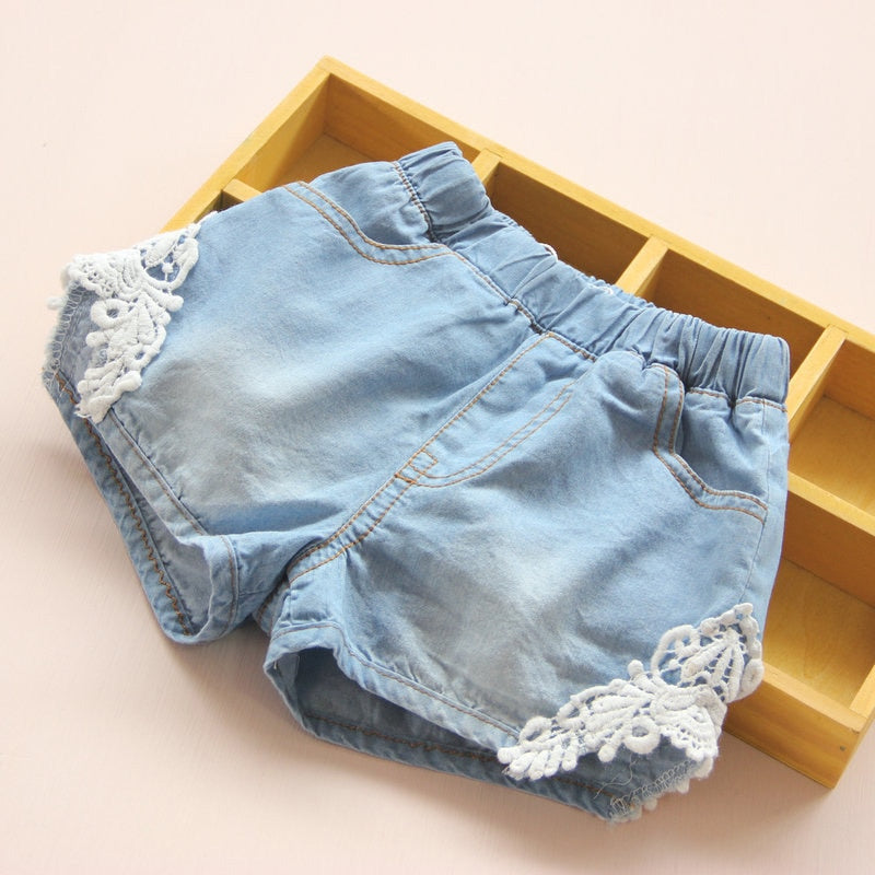 2021 Hot Summer Fashion Beauty Children Little Baby Kids Lace Edges Jeans Girls Denim Blue Shorts For 2 3 4 6 8 10 12 Years Old