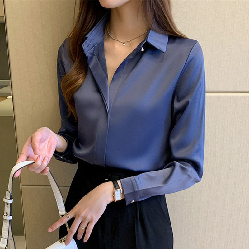 Silk Shirts Women White Shirt Women Long Sleeve Shirts Blouse Office Lady Satin Silk Blouse Tops White Woman Basic 3XL Shirt Top