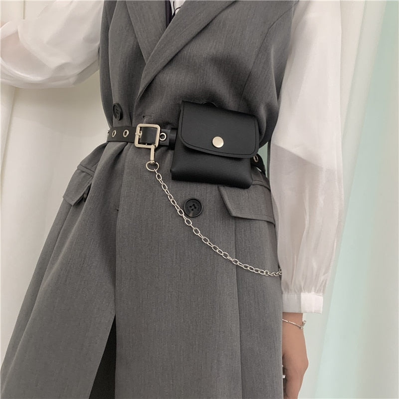 Women Fashion Waist Pack PU Fanny Pack Simple Women&#39;s Gift Belt Bag Phone Chain Bags For Lady Casual Pack Female Purse Black