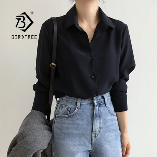 Summer New Arrival Women Solid Black Chiffon Blouse Long Sleeve Casual Shirt Women&#39;s Korean BF Style Chic Tops Feminina Blusa T0