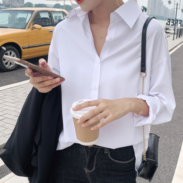 Summer New Arrival Women Solid Black Chiffon Blouse Long Sleeve Casual Shirt Women&#39;s Korean BF Style Chic Tops Feminina Blusa T0