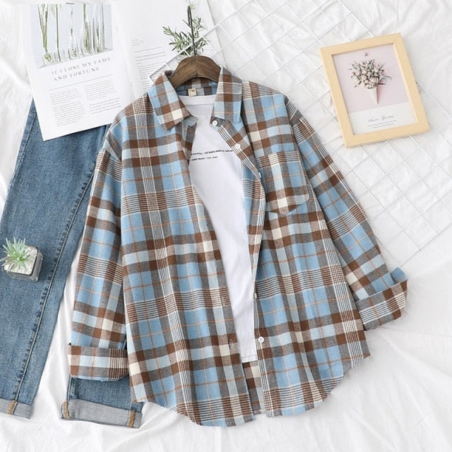 Tangada Women Oversized Plaid Print Boyfriend Style Shirt  Long Sleeve Chic Female Casual Loose Shirt BAO4