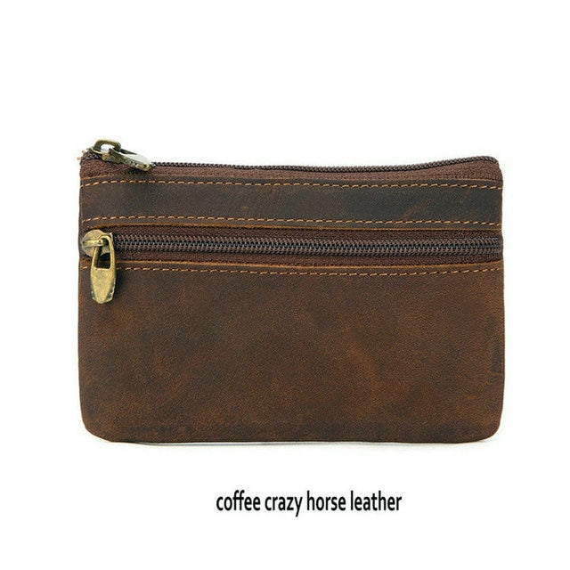 GENODERN Vintage Crazy Horse Leather Men&#39;s Coin Purse Genuine Leather Zipper Coin Wallet Retro Key Holder Small Money Bag