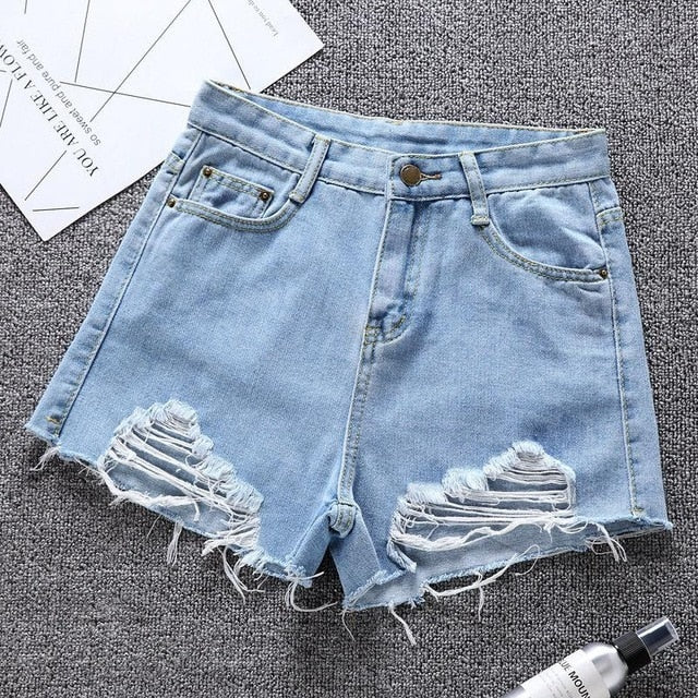 Women Wide Leg Hole Black Denim Shorts Casual Female Streetwear Loose Solid Color White Jeans Shorts Casual Female Shorts Loose